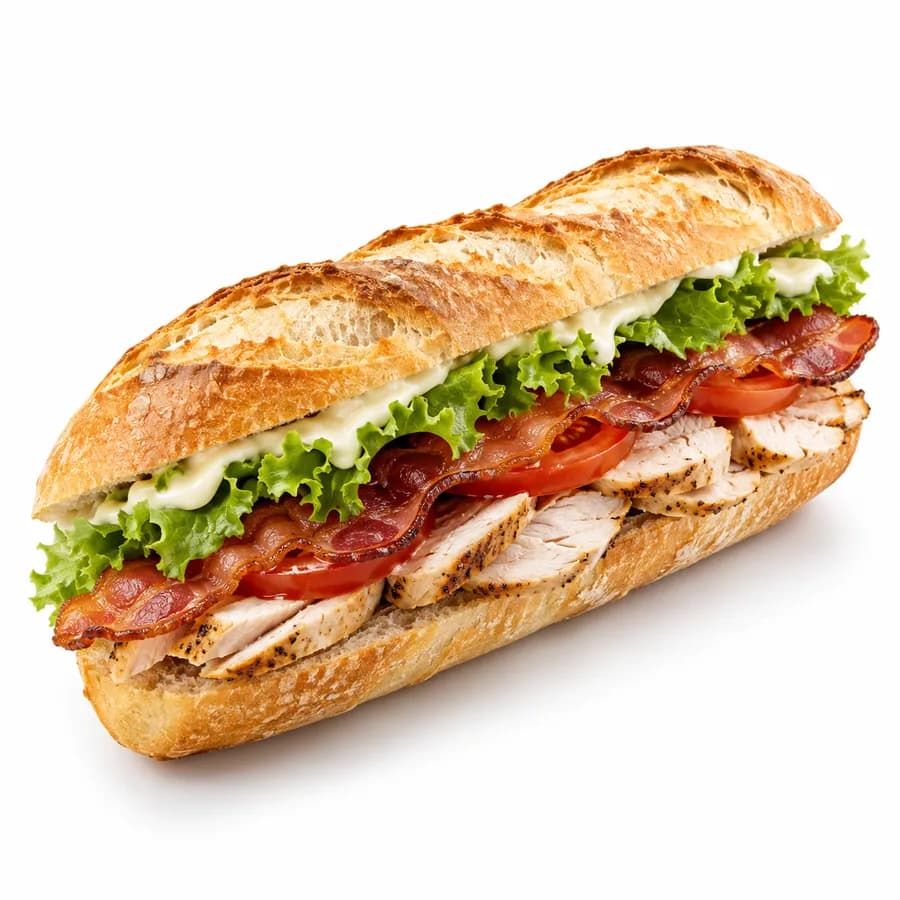 Greggs Roast Chicken Baguette filled with sliced chicken breast