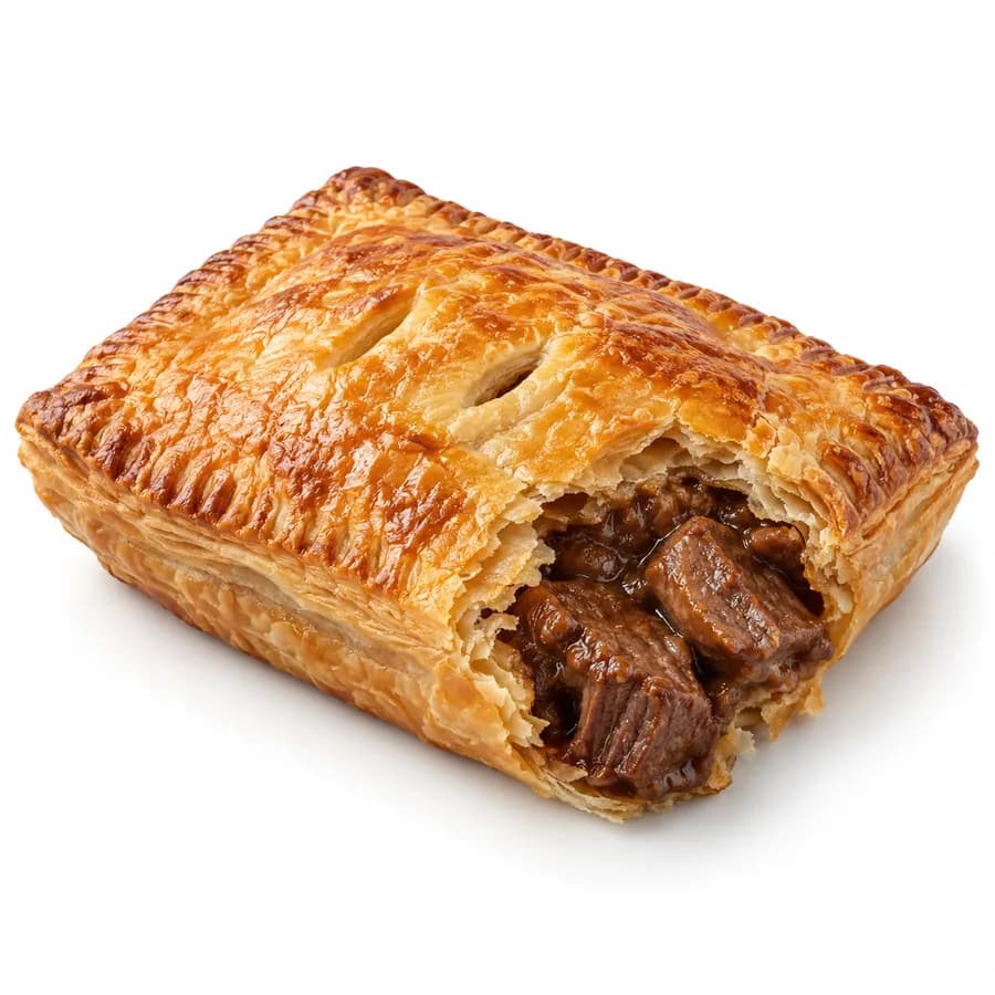 Greggs Steak Bake cut open displaying beef gravy