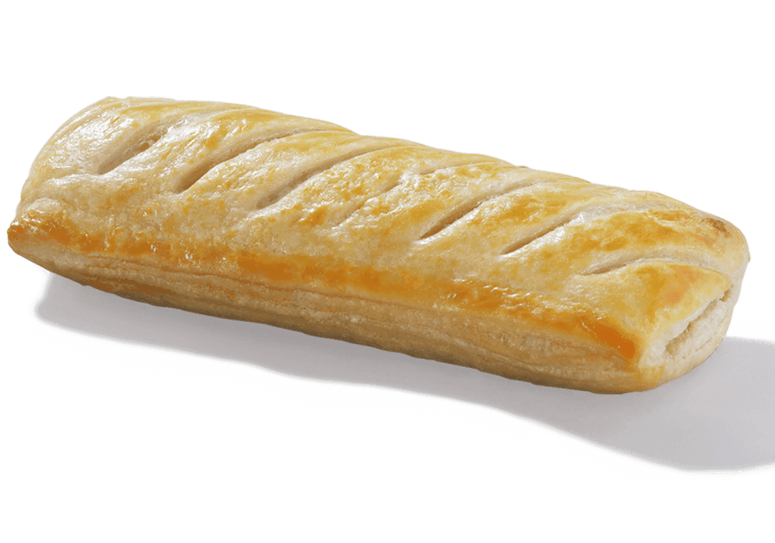 Greggs golden sausage roll on a cutting board